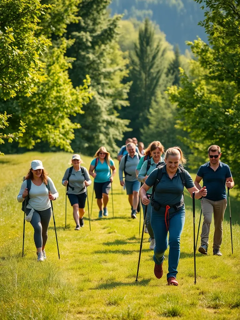 A photo of a group of people using walking poles while hiking up a gentle slope, showcasing the use of equipment and the support provided during the walks.