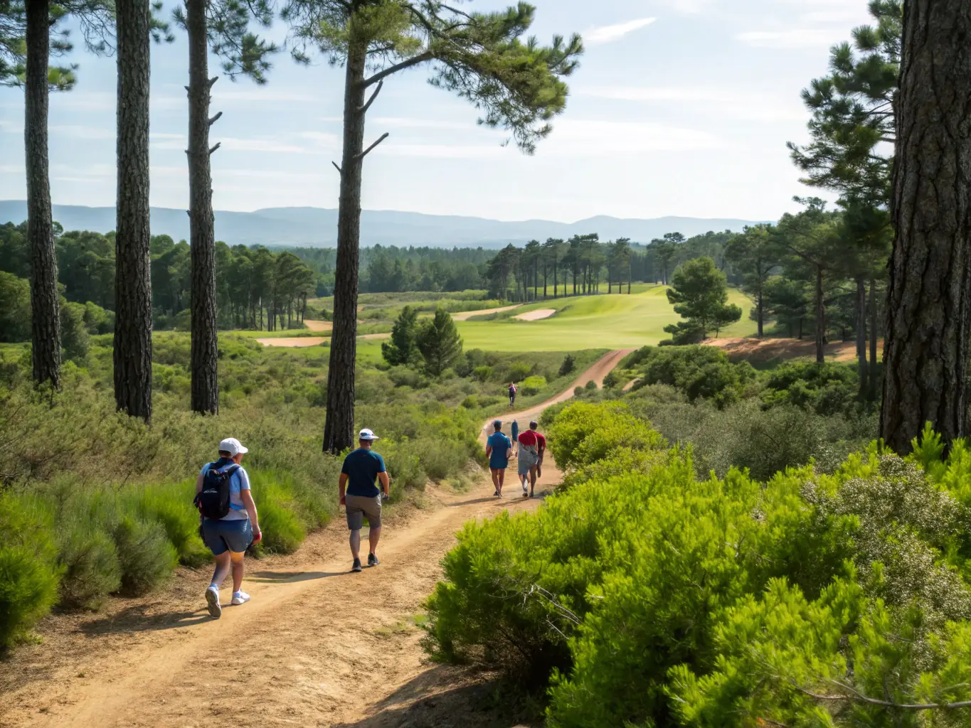 A group of diverse individuals of varying ages are joyfully walking along a well-maintained trail through a lush forest, sunlight filtering through the trees, capturing the essence of a community guided walk.