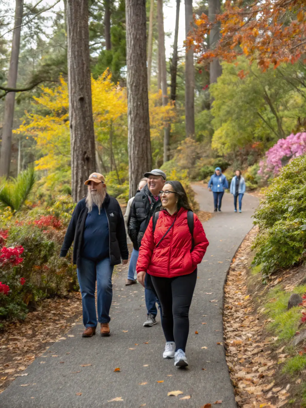 A photograph of a group of people of varying ages and fitness levels participating in a guided walk through a forest, led by a volunteer with a friendly demeanor.