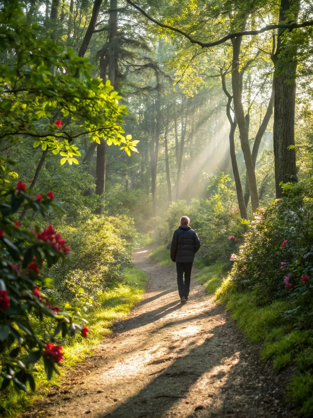 A serene image of a person practicing mindfulness while walking in nature during a PROMENADE RANDO SAINT PA event.