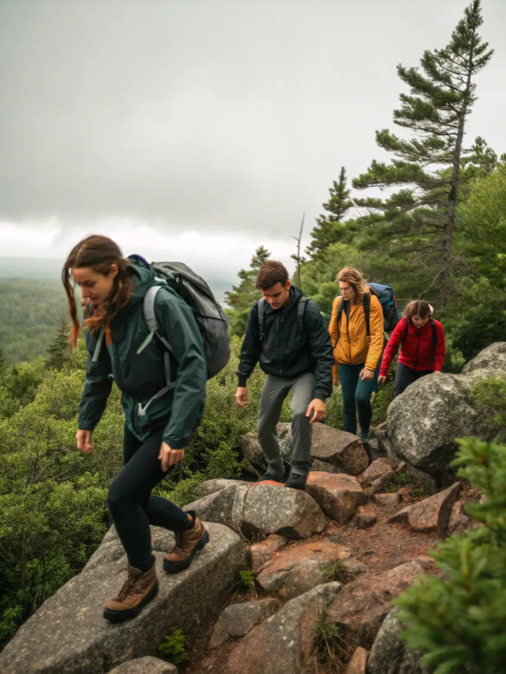 A group of walkers helping each other navigate a slightly challenging part of a trail, symbolizing the supportive community environment.