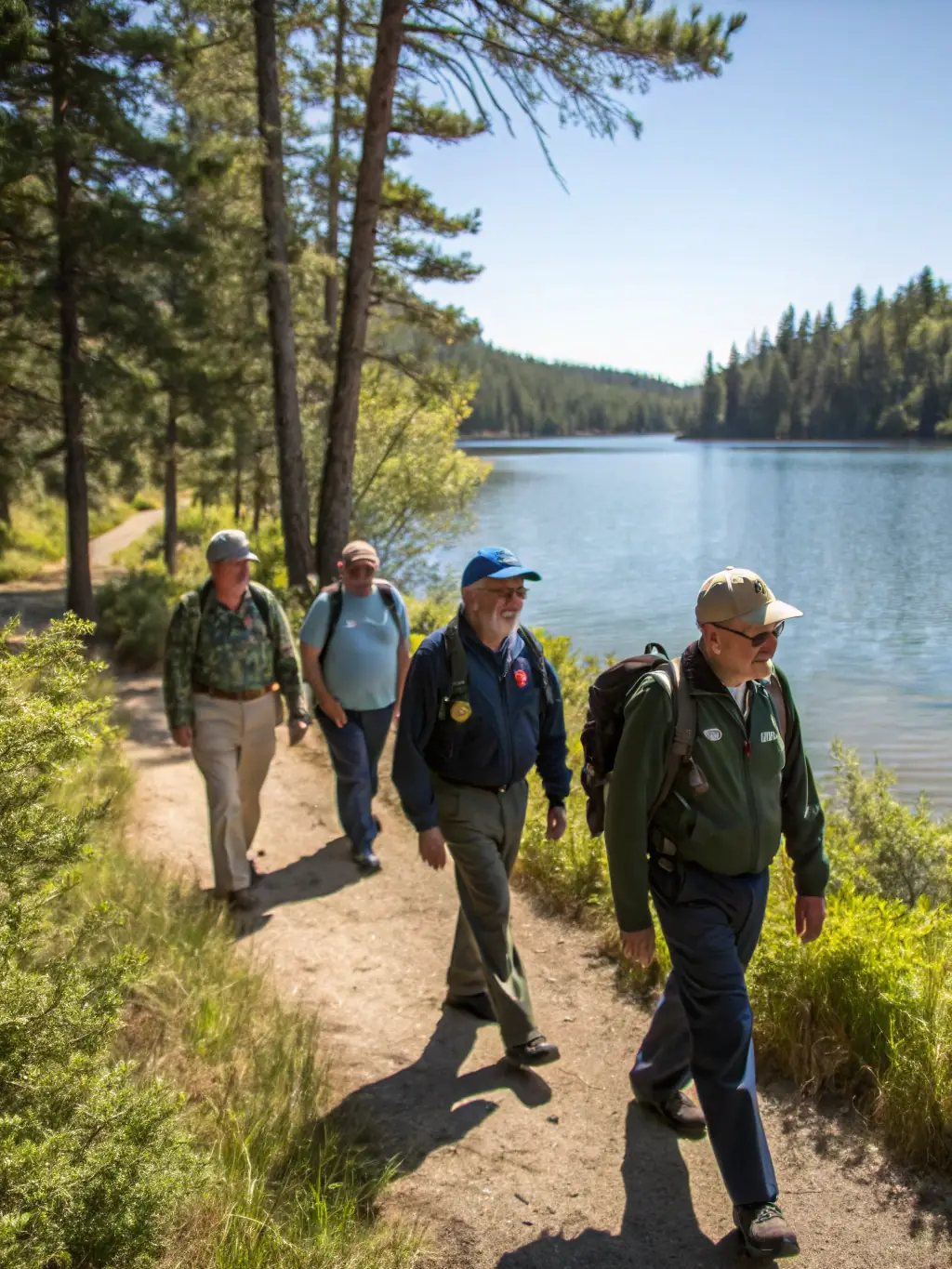 A picture of a group of walkers taking a break by a lake, enjoying a picnic and the scenic view, with the sun shining brightly.
