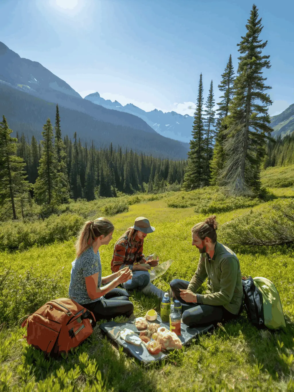 A photograph of hikers sharing a snack and drinks during a break on a PROMENADE RANDO SAINT PA guided walk, showcasing camaraderie.