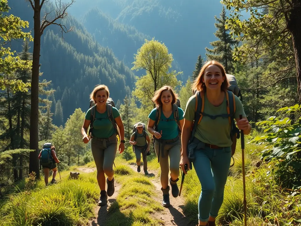 A photograph capturing a group of hikers pausing at a scenic overlook, with rolling hills and picturesque countryside visible in the background, highlighting the discovery aspect of landscape exploration.