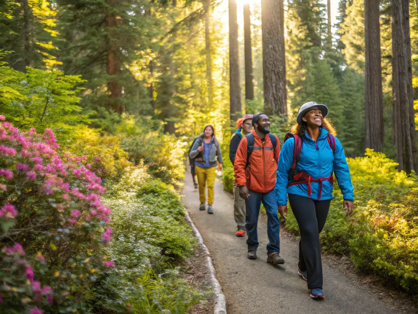 A group of diverse individuals joyfully walking along a scenic trail in Saint-Pardoux-l’Ortigier, surrounded by lush greenery and under a bright, sunny sky, symbolizing the health benefits and community spirit of PROMENADE RANDO SAINT PA's walking activities.
