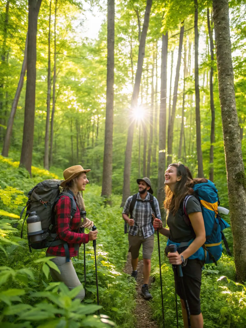 A group of people of varying ages laughing and chatting while walking on a forest trail during a PROMENADE RANDO SAINT PA event.