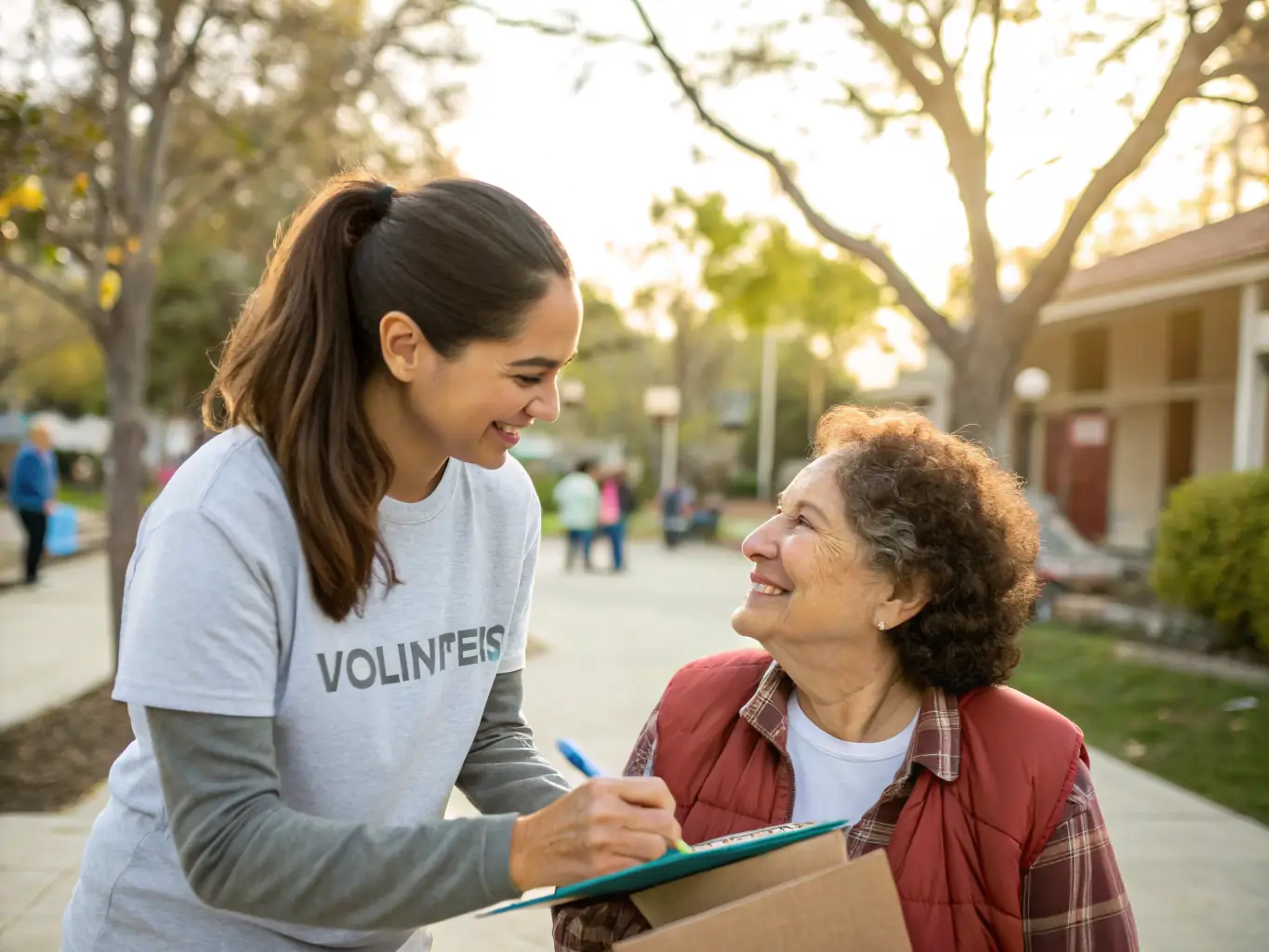 A close-up shot of a volunteer assisting an elderly participant during a walking activity, showcasing the inclusivity and support provided by PROMENADE RANDO SAINT PA.